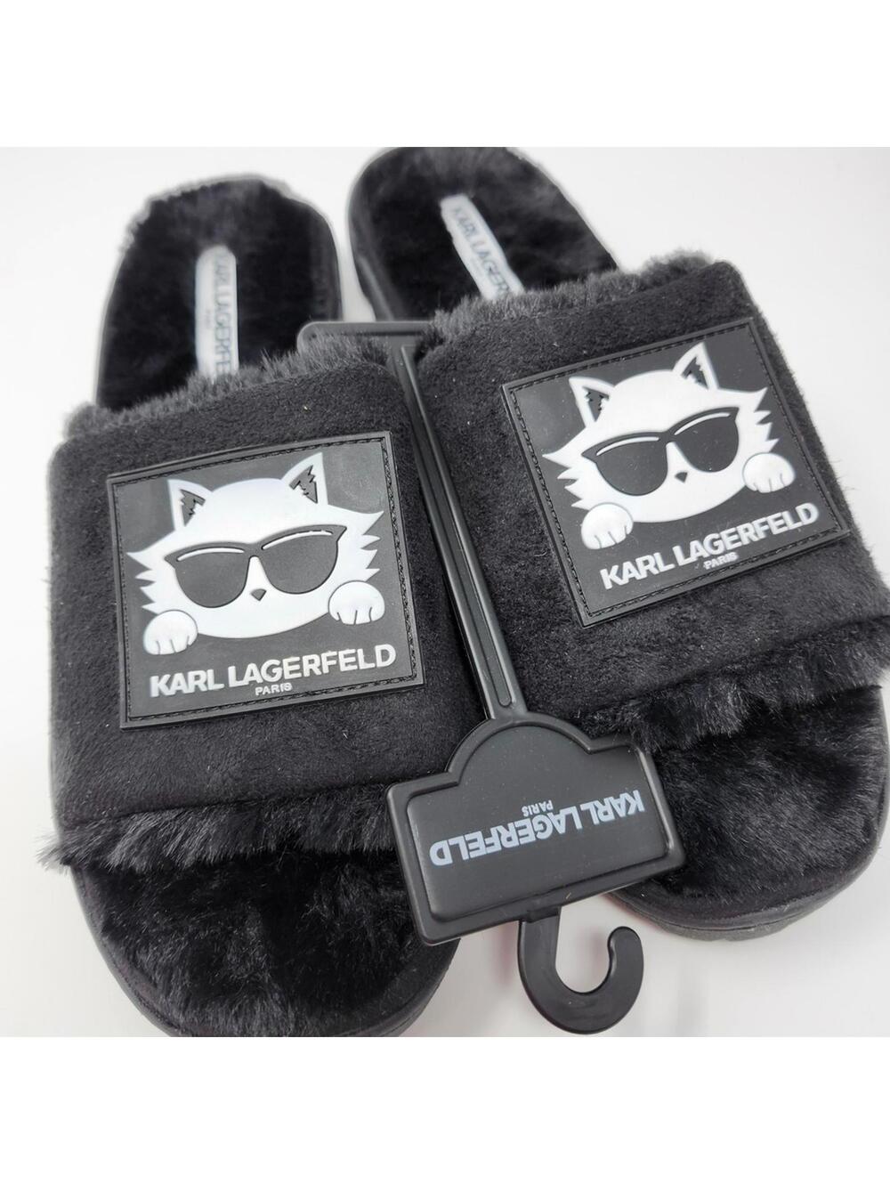 Karl Lagerfeld Black Furry Women's Slippers with Cat Logo Size 9